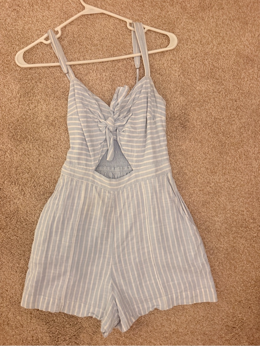 Light Blue Striped Girls' One-Piece Romper with Front Knot